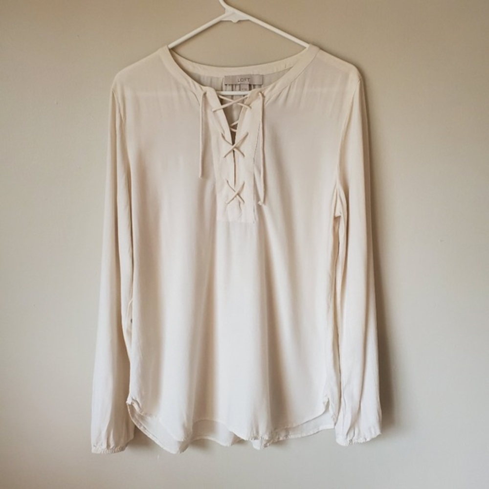 LOFT White Lace V-Neck Long Sleeve Blouse L